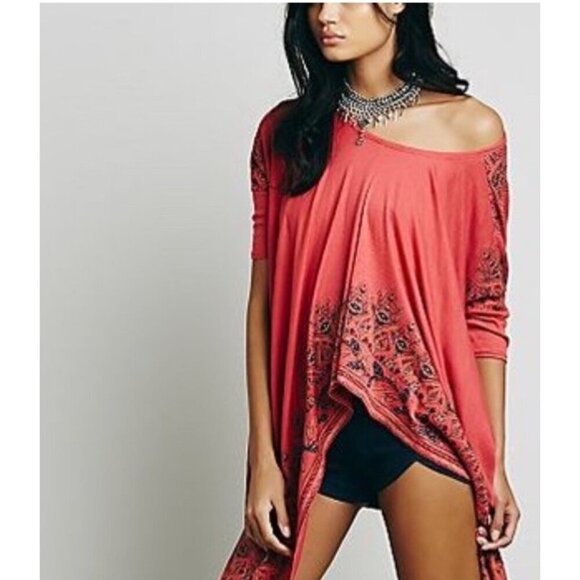 Free People Pick Me Up Tee Asymmetrical Hem Boho Top Small Coral Pink Dolman - Picture 1 of 9